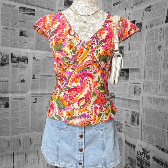 Crazy Horse Liz Claiborne Silk Blouse Petite 4 Floral Paisley Wrap Peplum Top - Picture 1 of 6